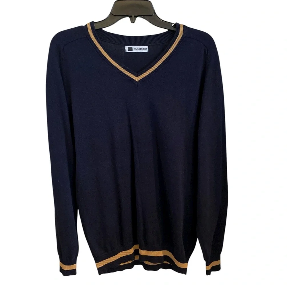 Cotton Knit Blue Tan strip V-neck Sweater  eclectic Grandpa fisherman old money
